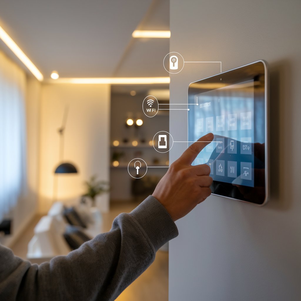 Smarthome-Steuerung per Touchscreen – ETS Schmidt GmbH Smarthome-Steuerung über ein Wandpanel in einem modernen Wohnraum – ETS Schmidt GmbH