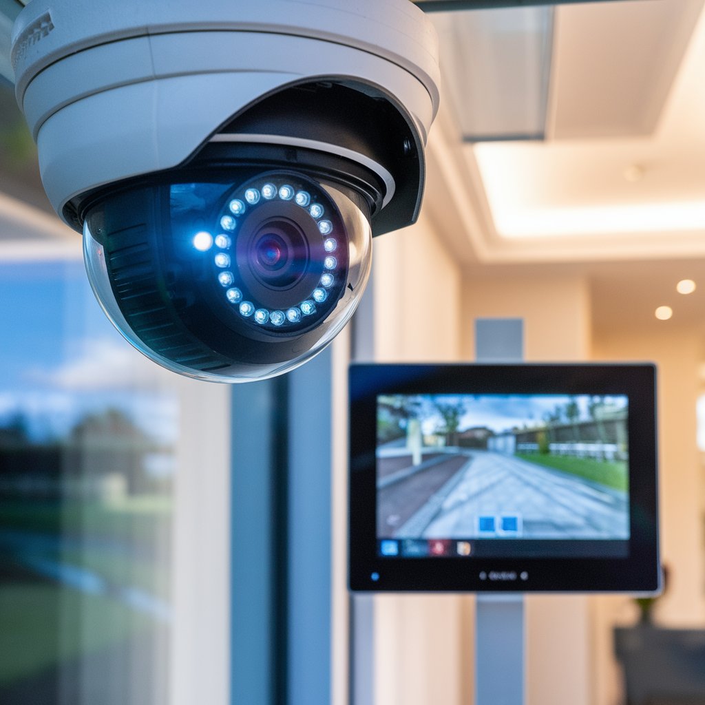 Sicherheitstechnik & Videoüberwachung – ETS Schmidt GmbH Moderne Überwachungskamera mit Nachtsicht und Live-Übertragung auf ein Sicherheitssystem-Display – ETS Schmidt GmbH