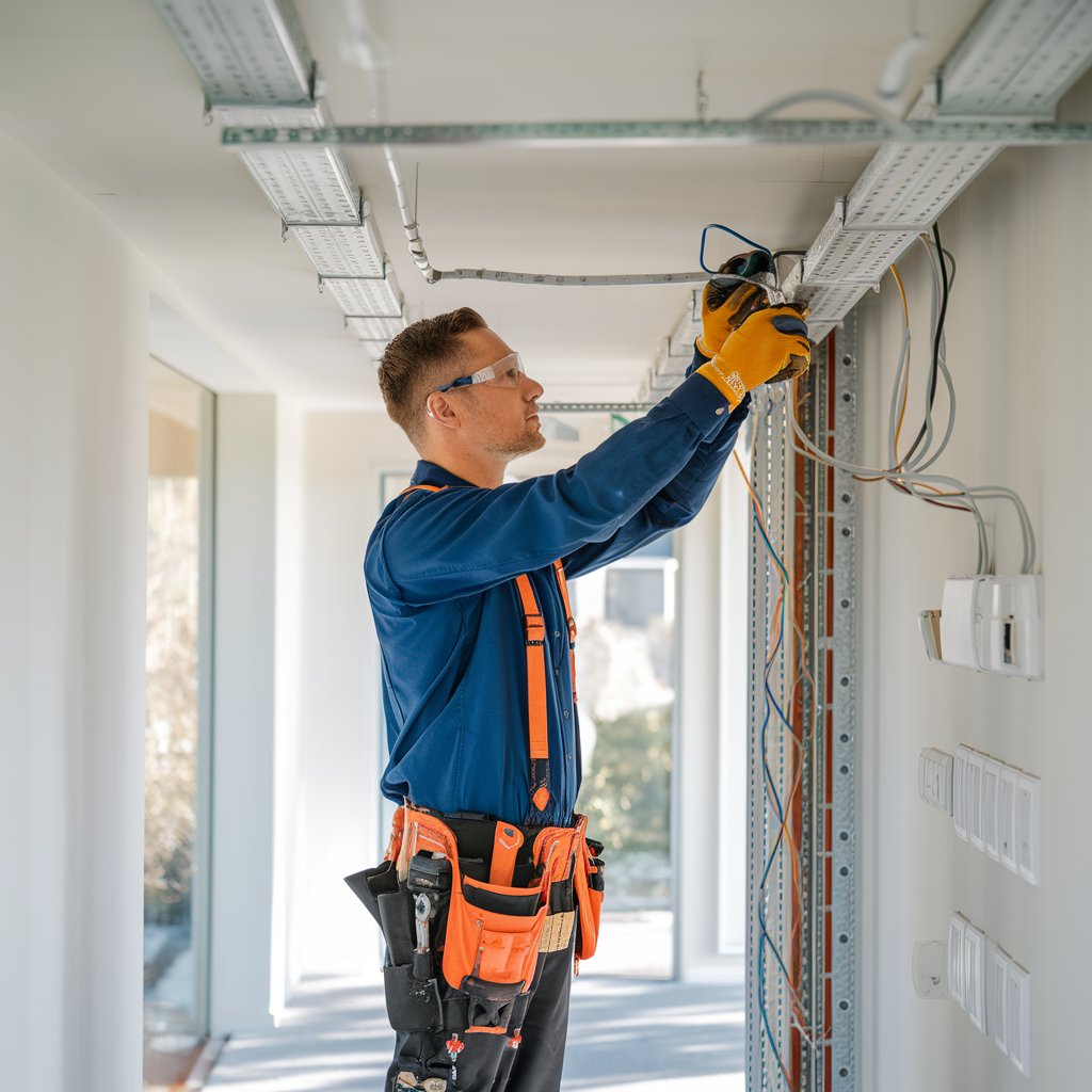 Elektroinstallation in einem Neubau – ETS Schmidt GmbH Elektriker installiert Kabel und Schaltkästen in einem modernen Gebäude – ETS Schmidt GmbH