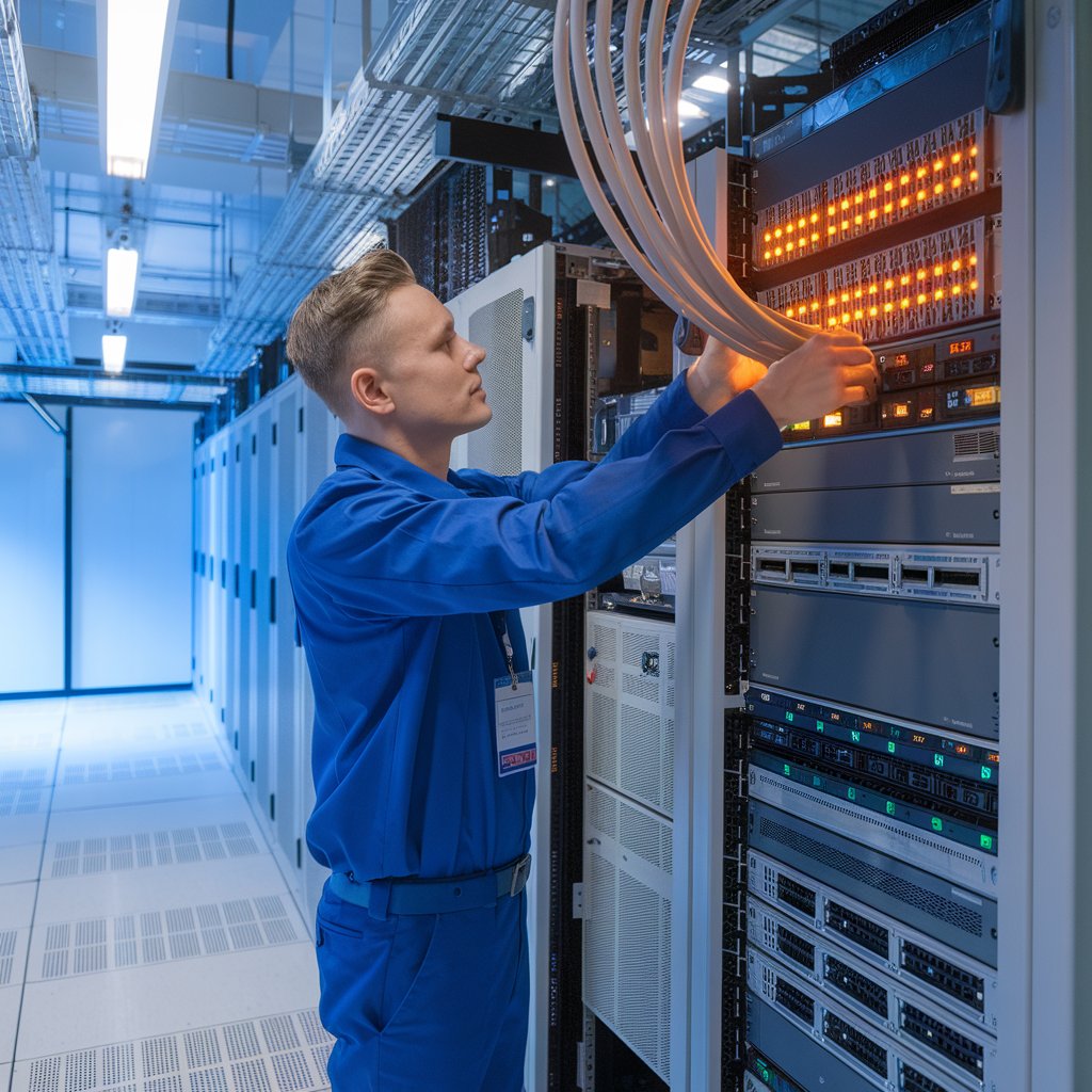 Netzwerktechnik & Serverwartung – ETS Schmidt GmbH Techniker installiert Netzwerkkabel in einem modernen Rechenzentrum – ETS Schmidt GmbH