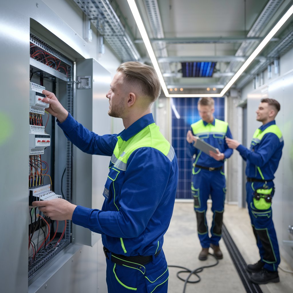 Fachgerechte Elektroinstallation & Teamarbeit – ETS Schmidt GmbH Elektriker-Team arbeitet an einer Schaltanlage zur Optimierung der Energieversorgung – ETS Schmidt GmbH