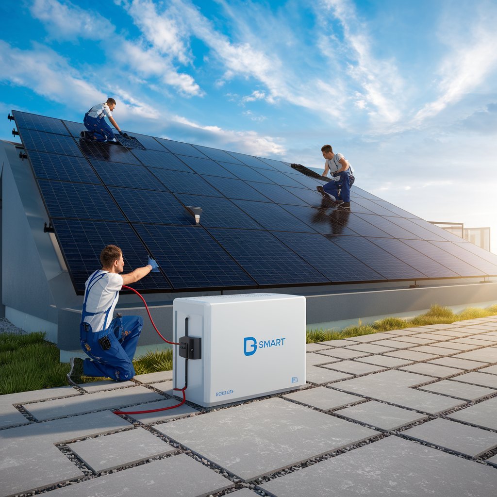 Photovoltaik-Wartung und Stromspeicher-Installation – ETS Schmidt GmbH Techniker warten und reinigen eine Photovoltaikanlage auf einem Hausdach, während ein Stromspeicher installiert wird – ETS Schmidt GmbH